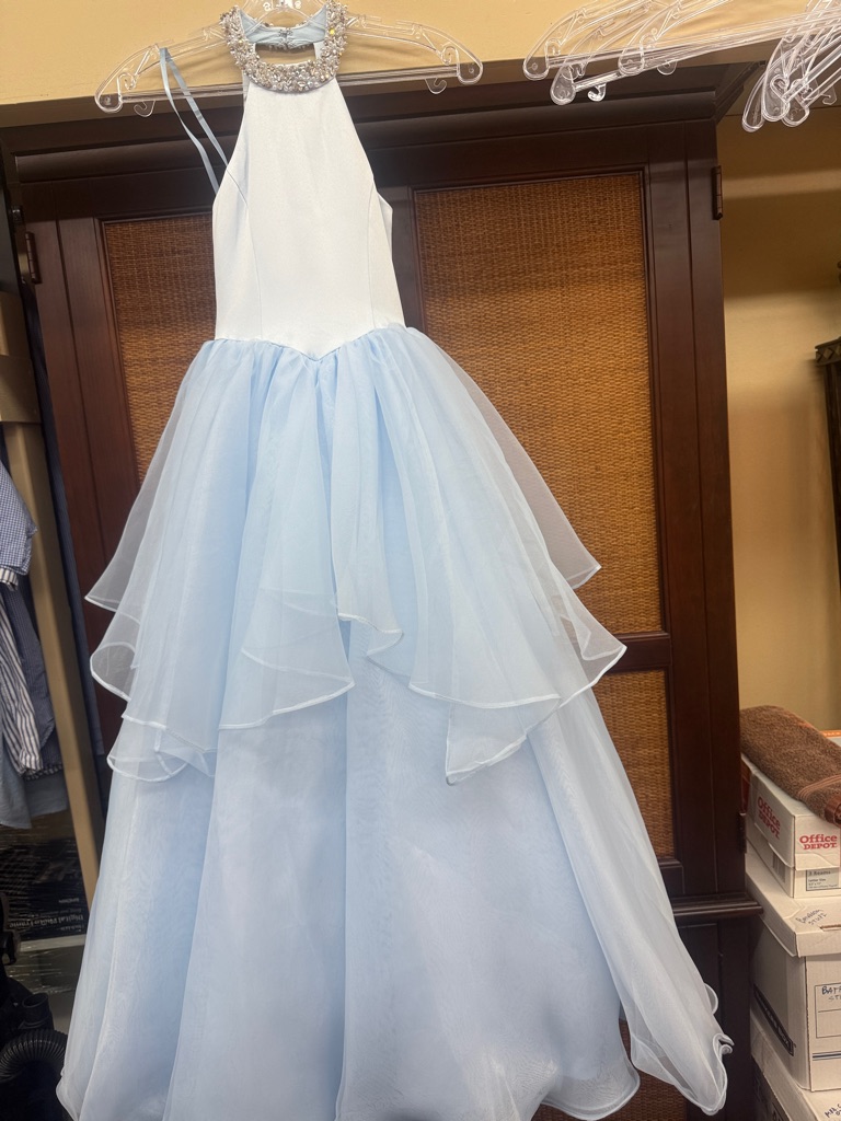 Sparkling Halter Light Blue & White Girls Formal Gown